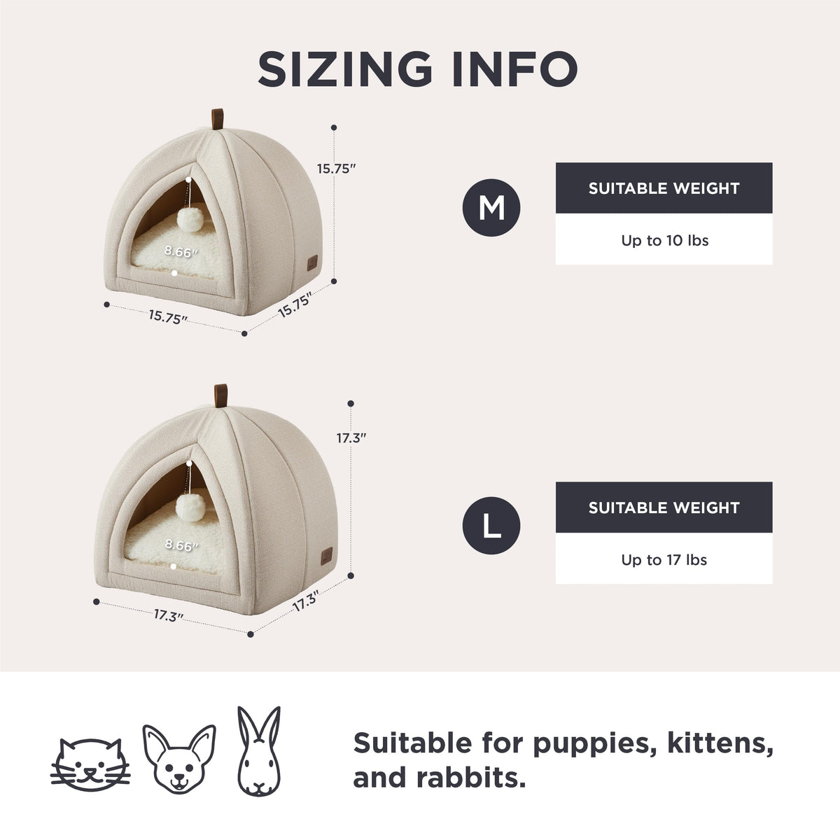2in1 Cat Beds for Indoor Cats Cave for Kitten with Washable Pillow (L(17.3x17.3x17.3) / Beige)