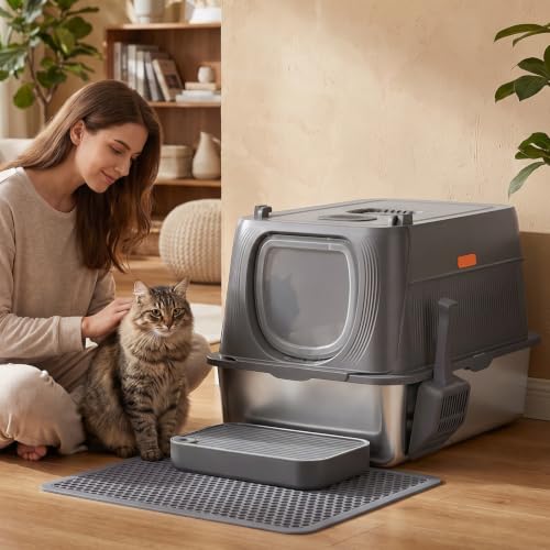 XL Stainless Steel Cat Litter Box with Lid (Gray / 24" L × 16" W × 16" H)