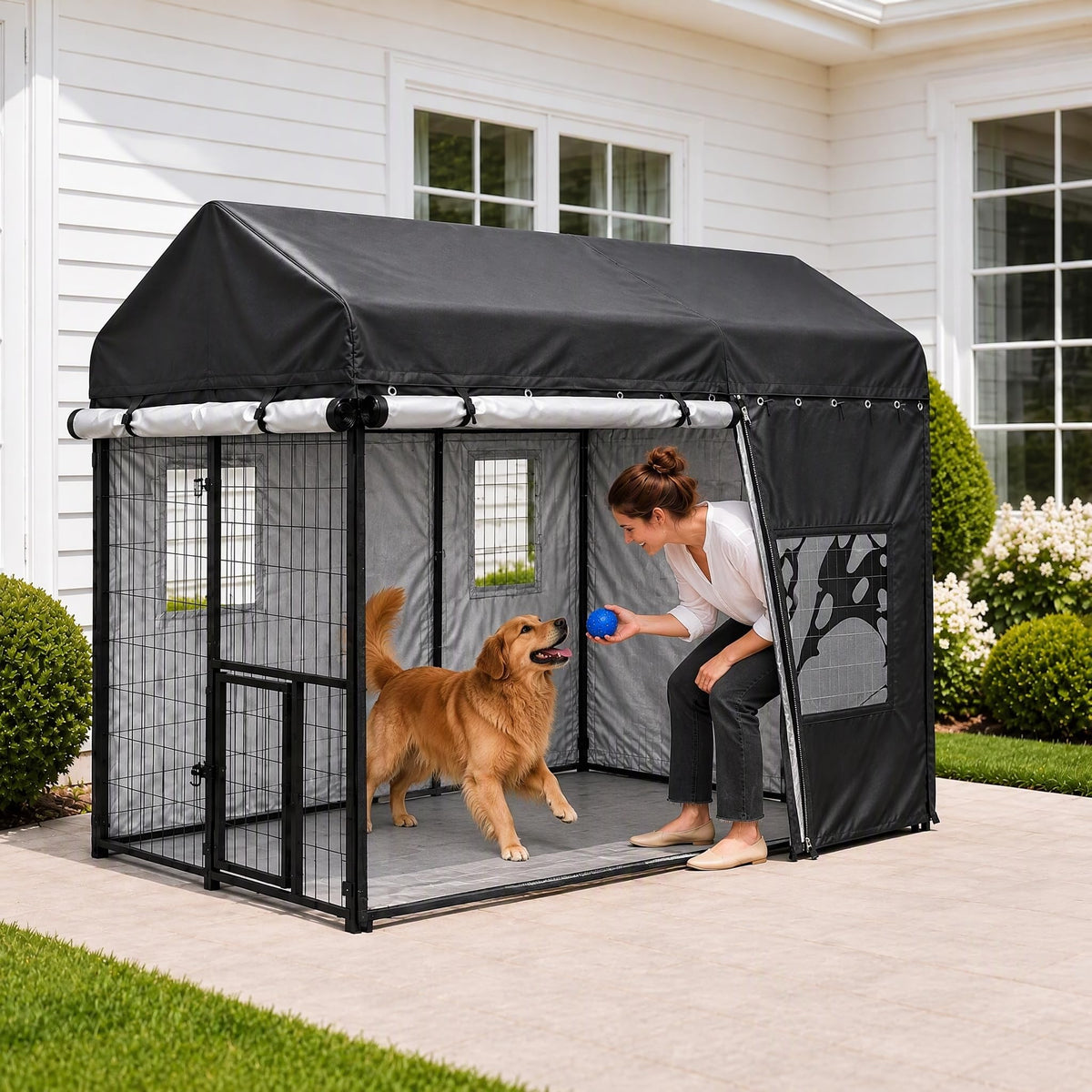 Outdoor Dog Kennel Cover 8x4x6ft with Clear PVC Windows & Roll (8'Dx4'Wx6'H)