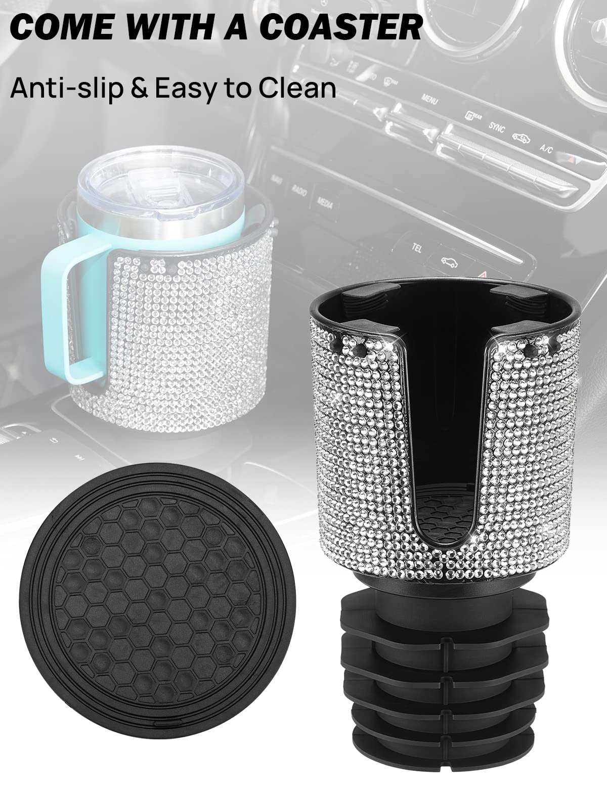 Upgraded Car Cup Holder Expander with Offset Base (1pcs / Bling)