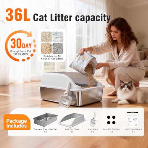 2PACK Stainless Steel Cat Litter Boxes XL Large Metal Pan Include Scoop (Light Grey)