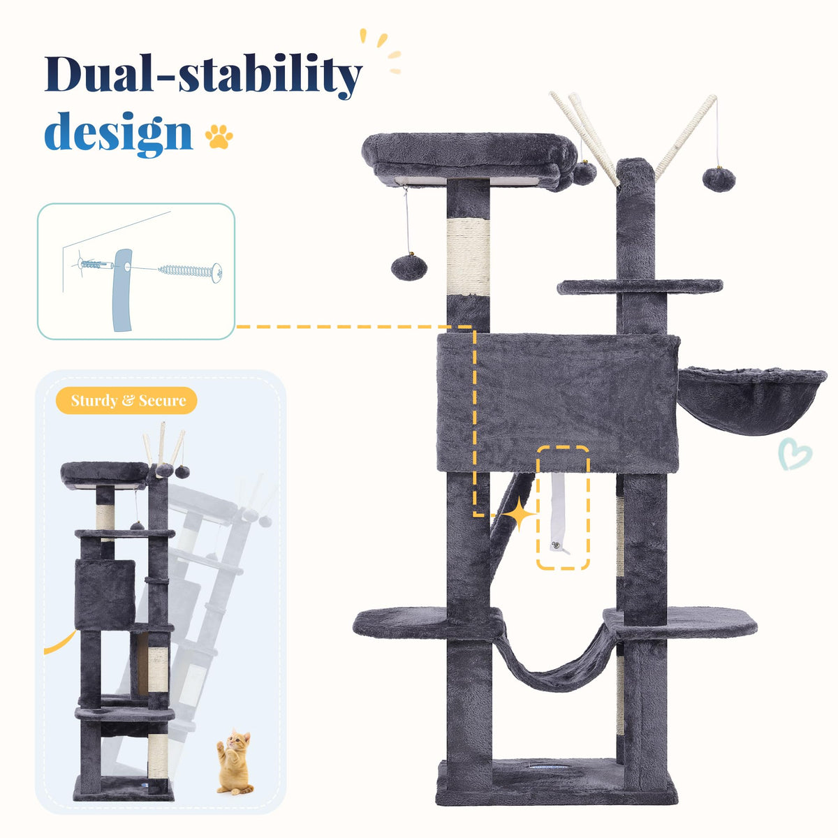Cat Tree Tower with Padded Platform Bed (53 Inch / Smoky Gray)