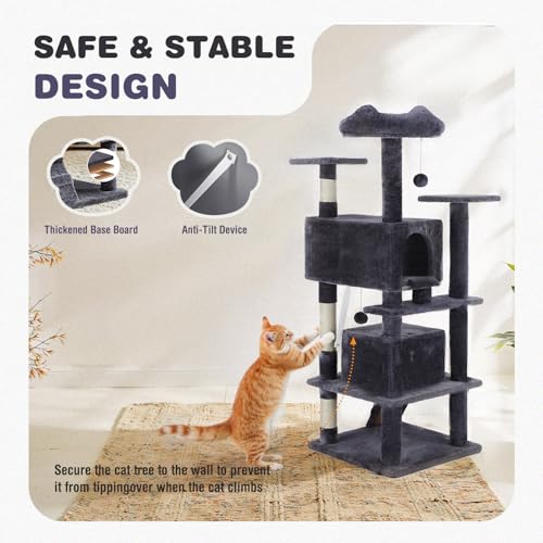54 Inch Cat Tree Tower with Sisal Scratching Posts (Gray / 54IN)