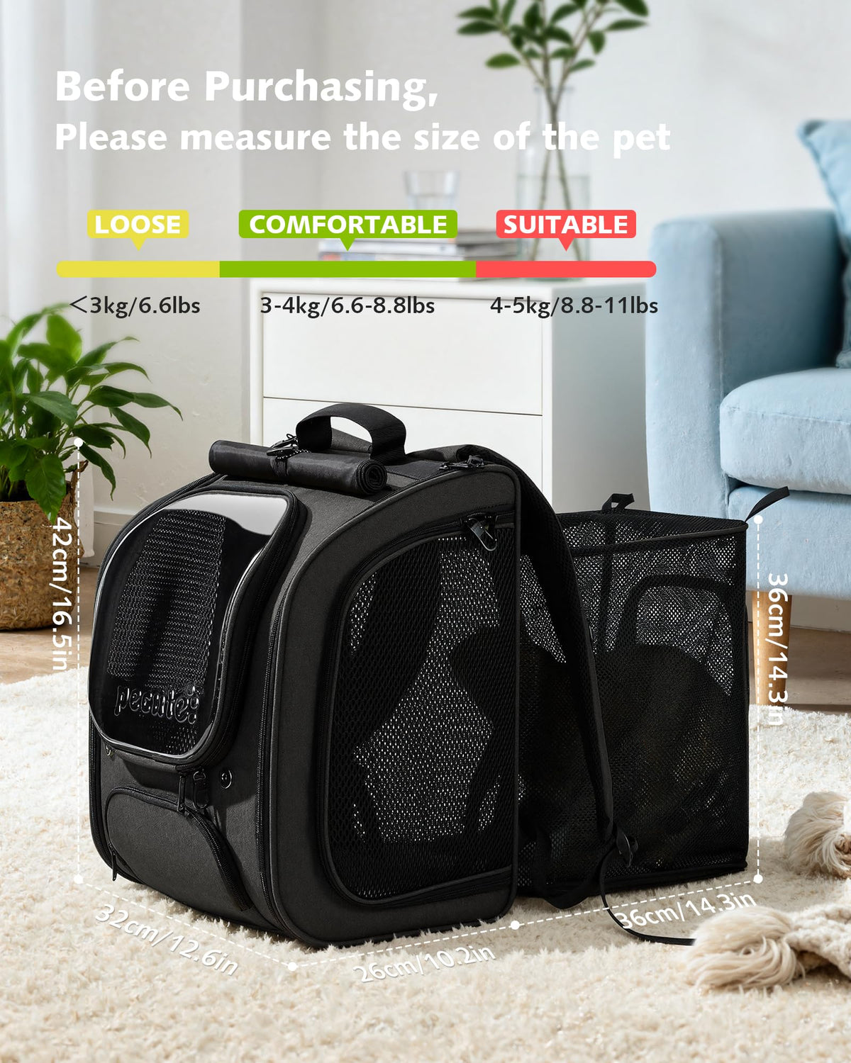 Cat Backpack Carrier (Black (Expandable) / 12.6"L x 10.2"W x 16.5"H)