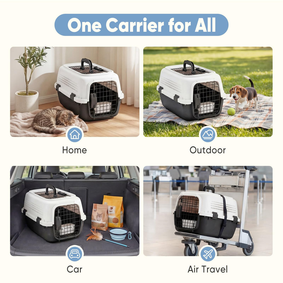 23" Hard Sided Pet Carrier for Small Pets (White & Black / 22.4"L x 14.6"W x 13.0"H)