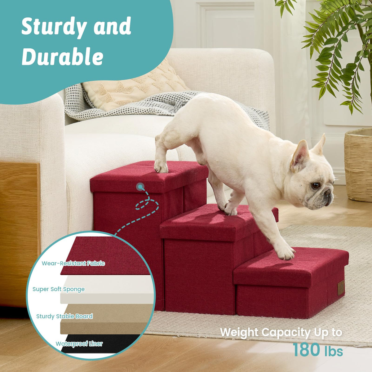 Dog Stairs with Storage (Burgundy / 38.1"L x 17"W x 22"H)