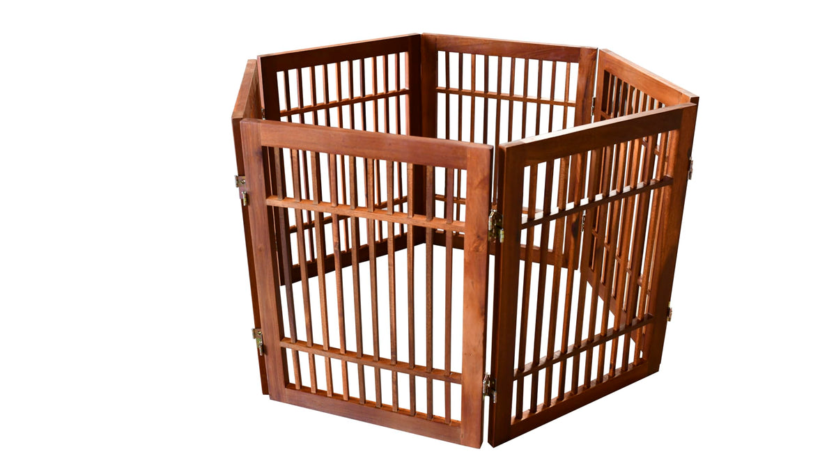 Freestanding Wooden Dog Gate Foldable Indoor Pet Gate No Drill Expandable Barrier for Doorways Stairs Hallways Portable Wood Fence for Small Dogs & Puppies (6 Panel 24" Tall / Brown Pet Gate)