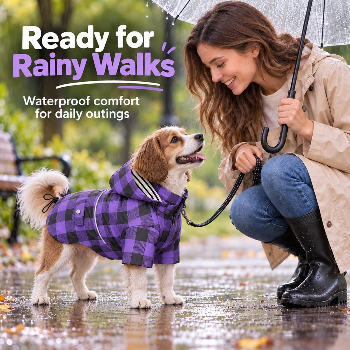 Dog Rain Coat Waterproof Raincoat Puppy Jacket with Buttons Zipper Hood Drawstring Fit for Yorkie Terrier Schnauzer Poodle Border Collie Labrador Golden Retriever 8lbs to 80lbs (X-Small / Purple/Black Paid)