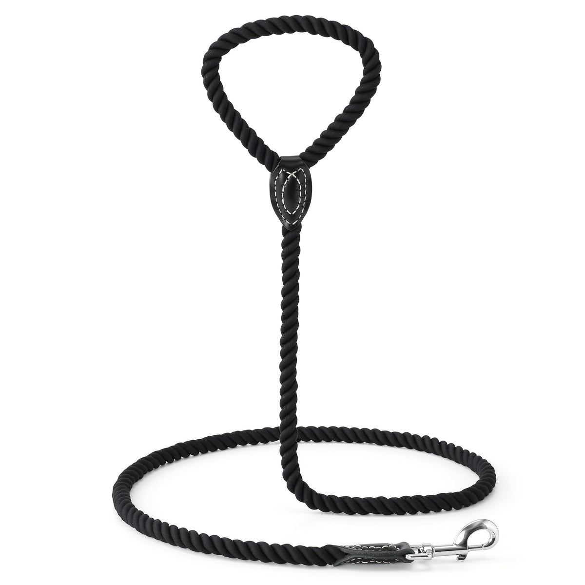 Dog Leash Braided Cotton Rope with Leather (Black / 60 Inch-1/2")