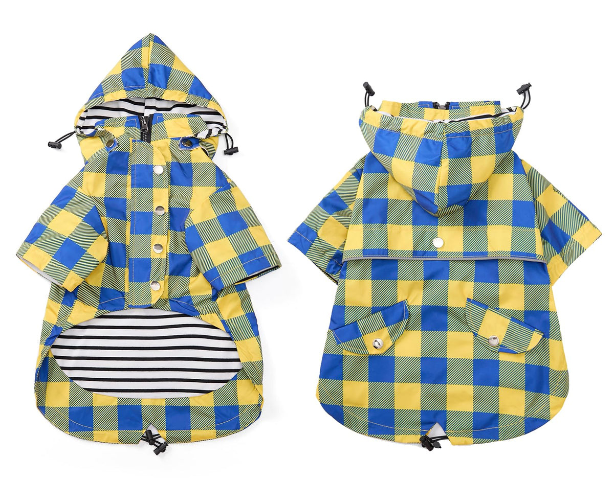 Dog rain Coat Waterproof Raincoat Puppy Jacket with Legs Buttons Zipper Hood Drawstring Fit for Yorkie Terrier Schnauzer Poodle Border Collie Labrador Golden Retriever 8lbs to 80lbs Yellow S (Small / Yellow Plaid)