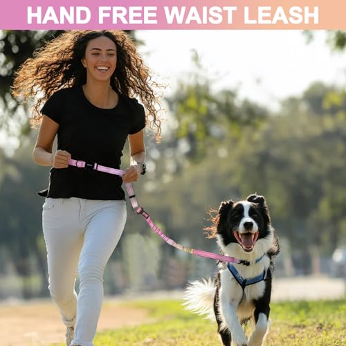 Heavy Duty Hands Free Dog Leash with Quick Release Carabiner and Adjustable No Pull Bungee Dog Running Waist Leash (Pinkish Yellow)