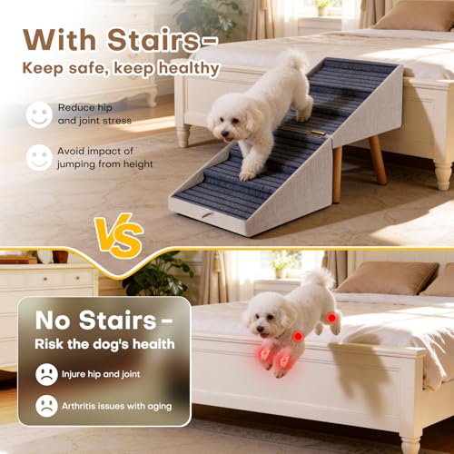 Dog Stairs for Small Dogs Foldable Dog Steps for High Bed (Light Beige / XXL(21.06”H))