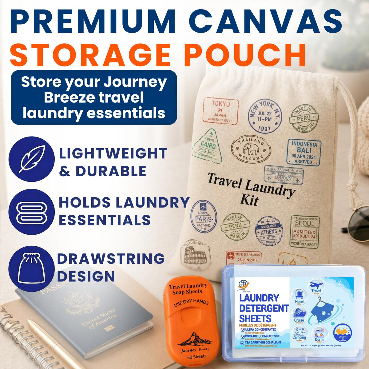 Travel Laundry Detergent Sheets with 50 Pocket Laundry Sheets (5-Pack Laundry Kit)