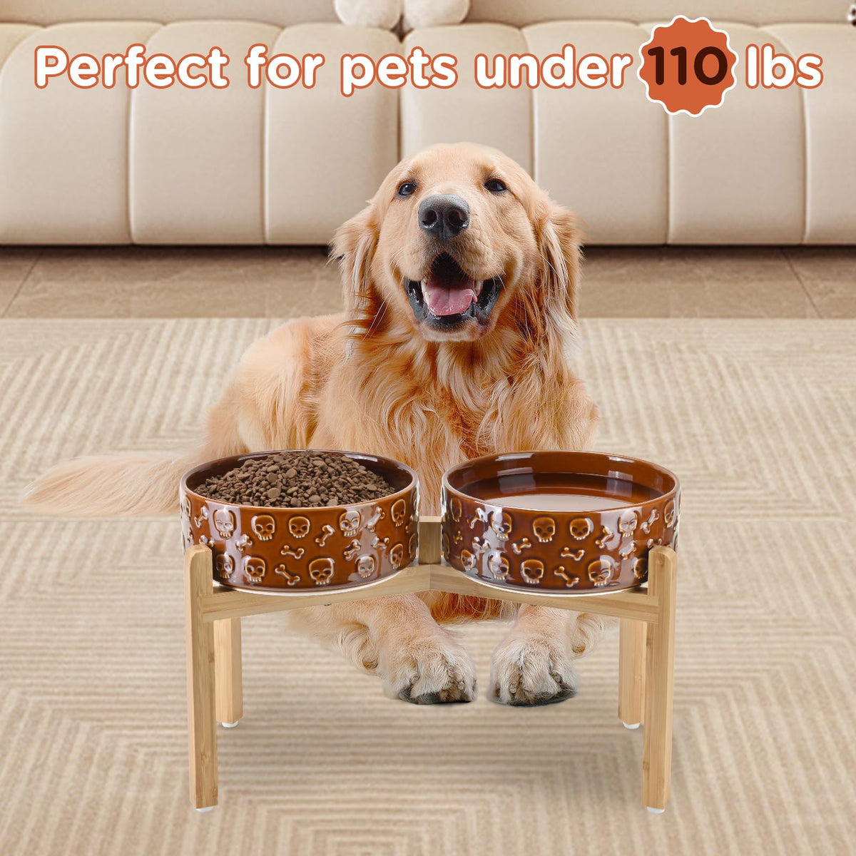 Elevated Dog Bowls Ceramic (8.3 in - 7.6 cups / Bronze - Skull)