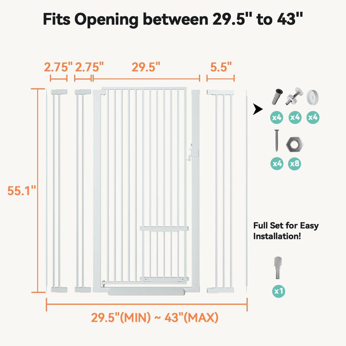 55.1" Extra Tall Pet Gate (White / 55.1"Tall 43"Wide)