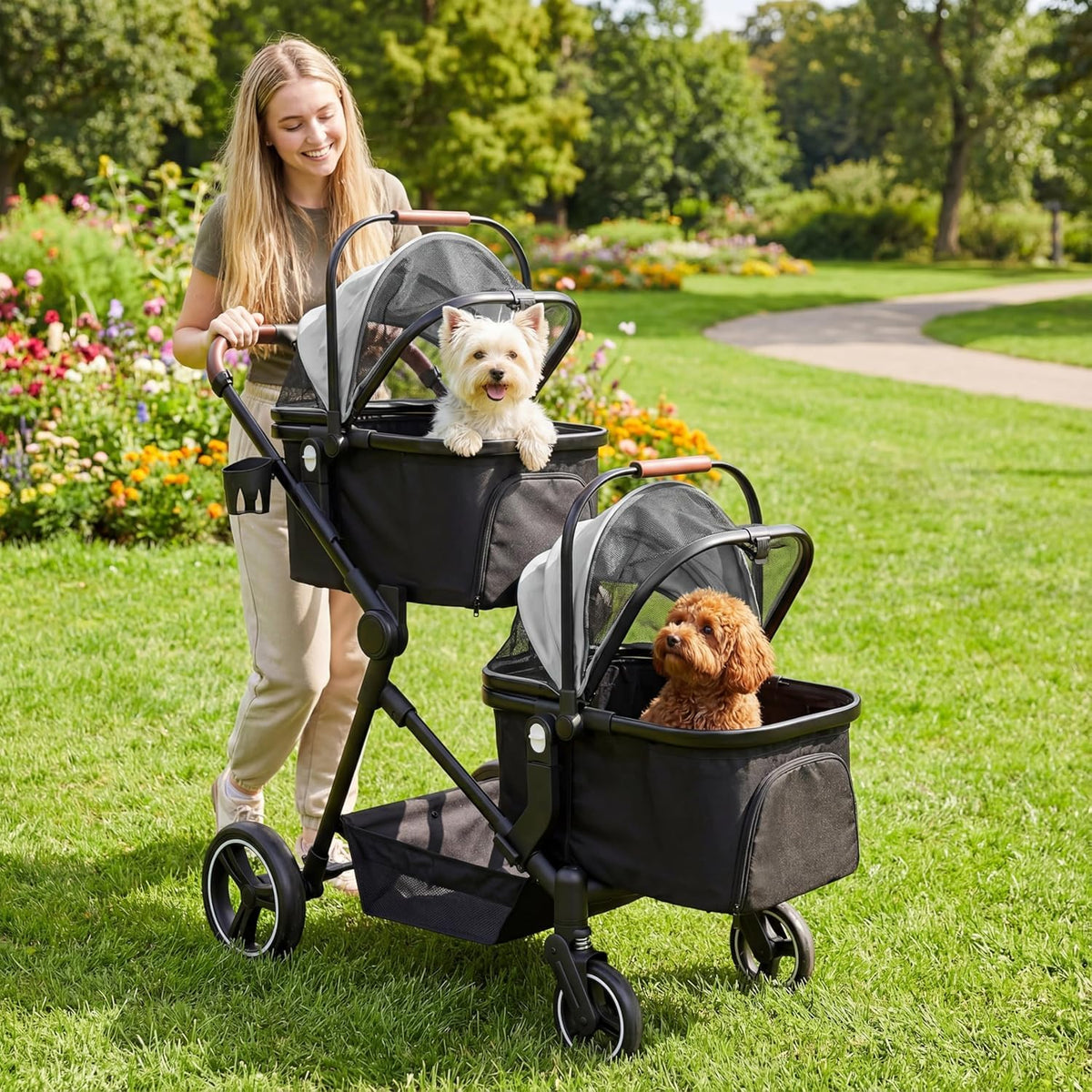 Foldable Double Pet Stroller for 2 Small Medium Cats Dogs (Light Gray / Double)