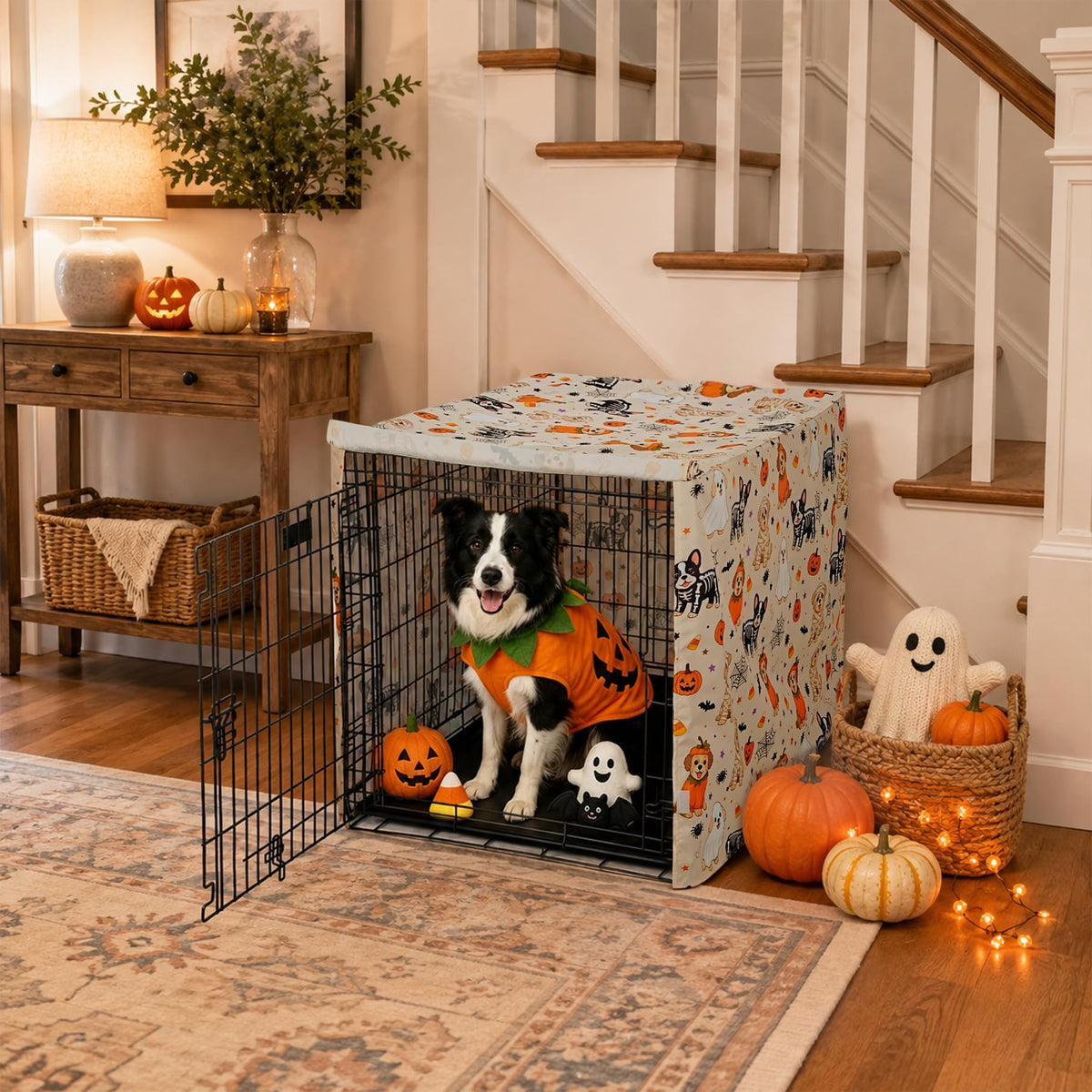 Halloween Pattern Dog Crate Cover (Orange Pup Print / 36.0"L x 23.0"W x 25.0"H)