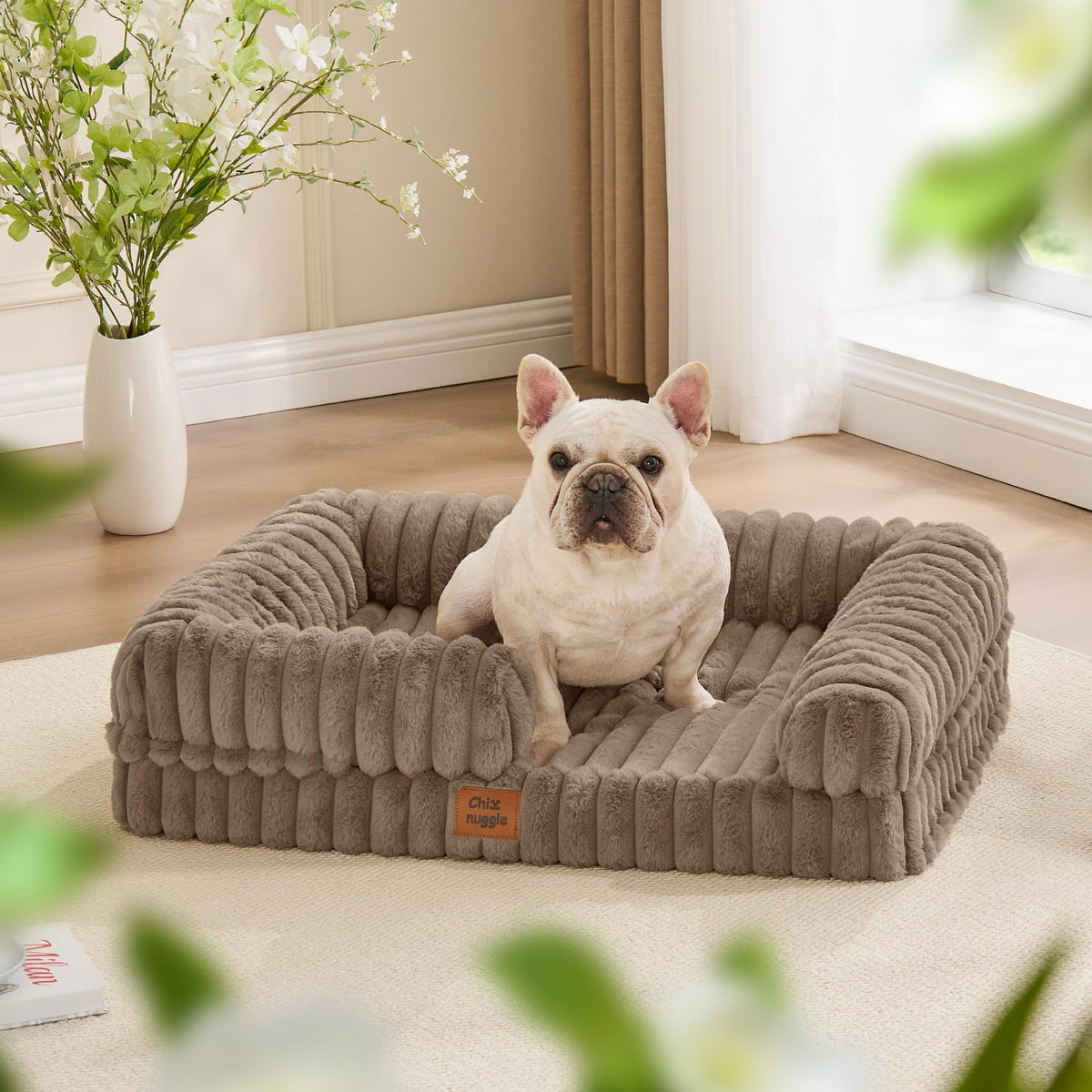 Faux Fur Orthopedic Dog Bolster Bed (Rectangular Taupe / M(30*24*7))