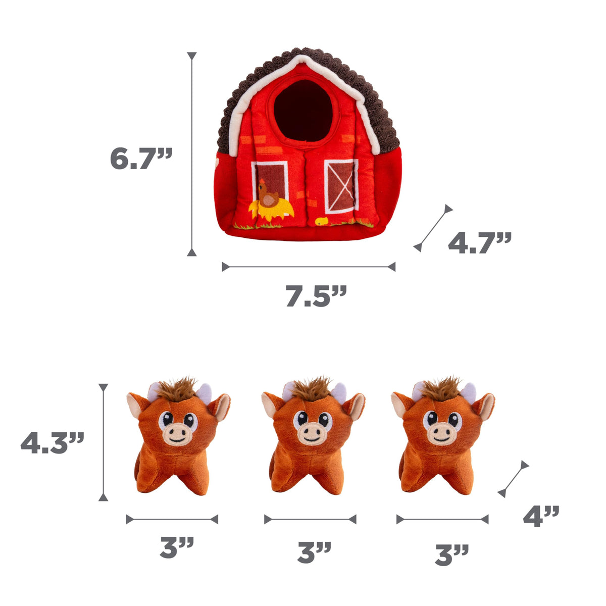 Hide-A-Cow Dog Toy, 2-in-1 Interactive Hide & Seek Plush Puzzle with Barn & 3 Squeaky Highland Cows
