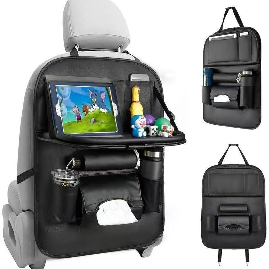 Premium PU Leather Backseat Seat Organizer with Foldable Table (1 Pack / Black)