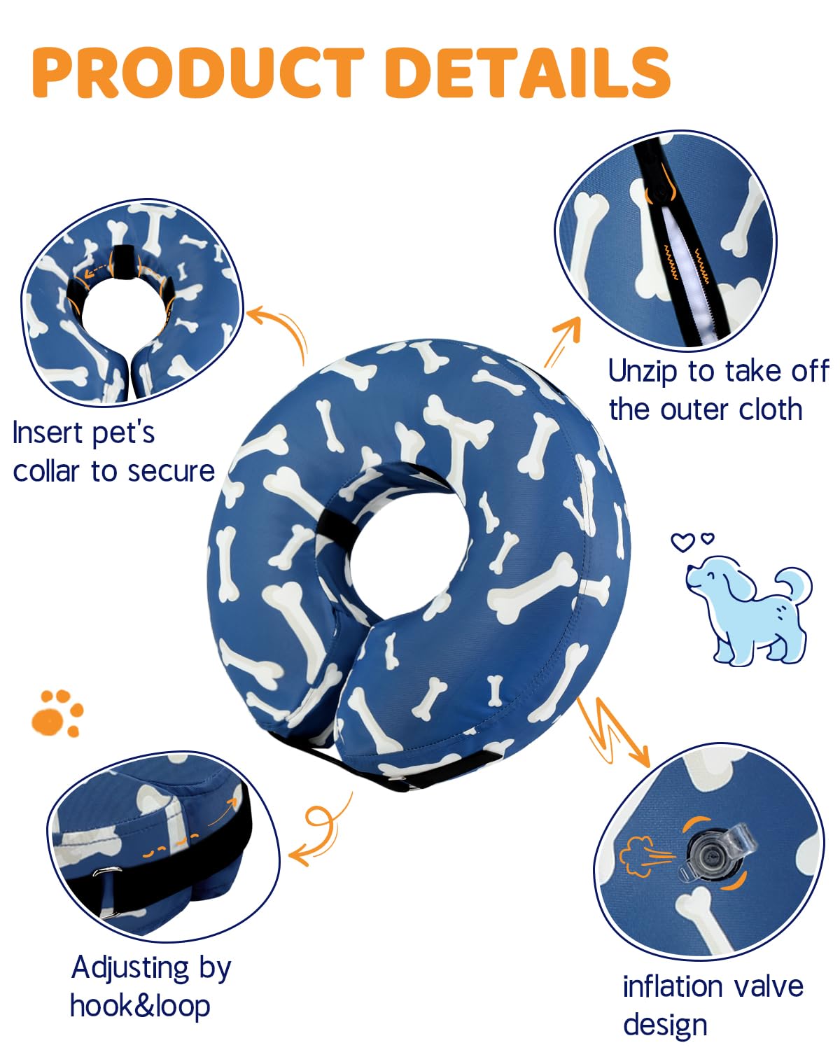 Inflatable Dog Cone Alternative After Surgery (T Bone Navy / XL(Neck 14"-18"))