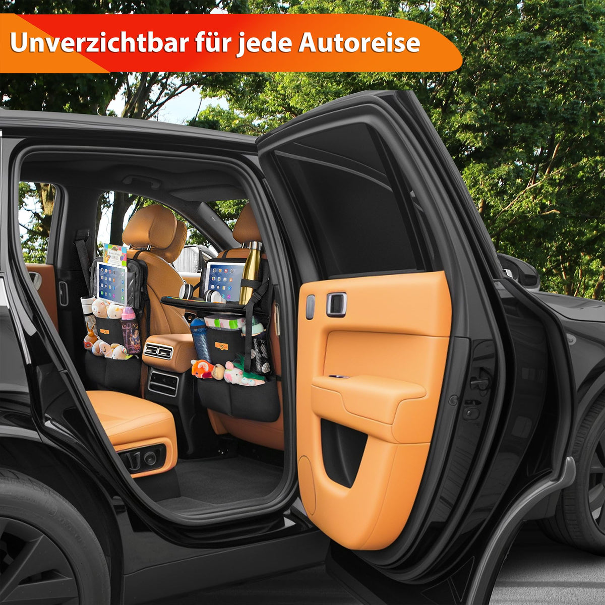 Backseat Car Organizer with Foldable Tray for Kids & Adults (Black (2 Pack))