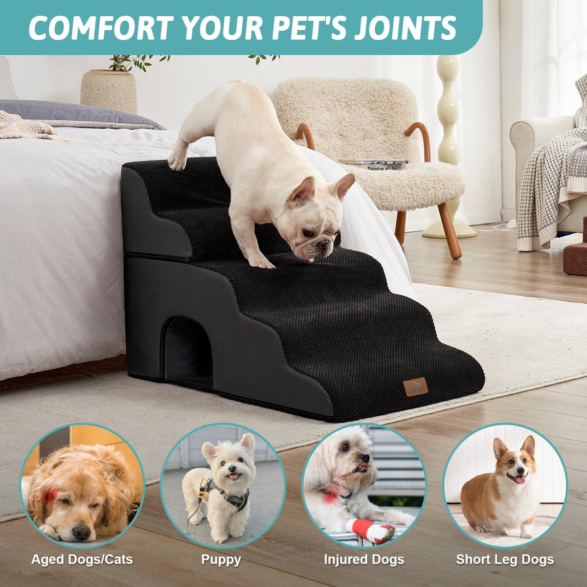 Extra Wide Small Dog Stairs with Tunnel (Black / Detachable 19.7" x 33" x 22.4")