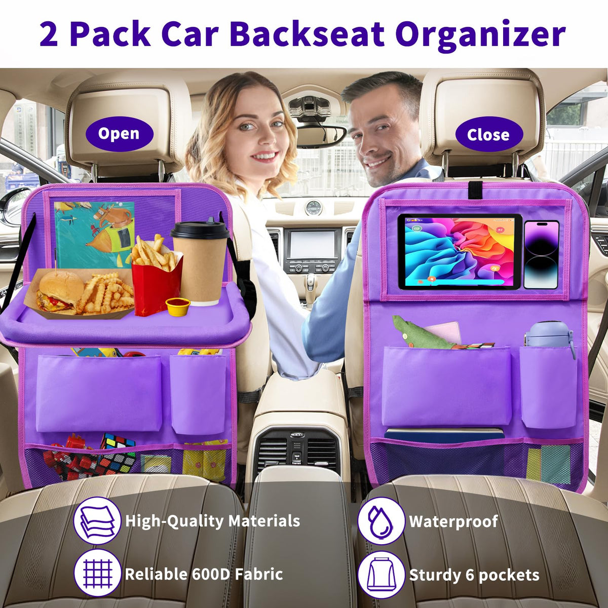 Car Seat Back Organizer Table Tray (2Pack / Purple)