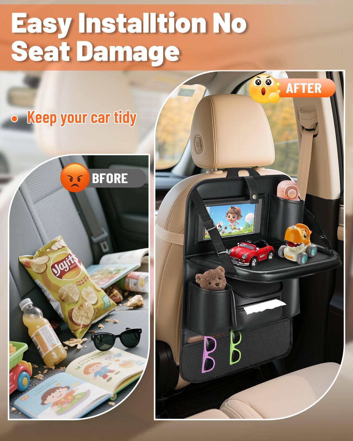 2 Pack Leather Car Backseat Organizer with Foldable Table Tray (2PCS)