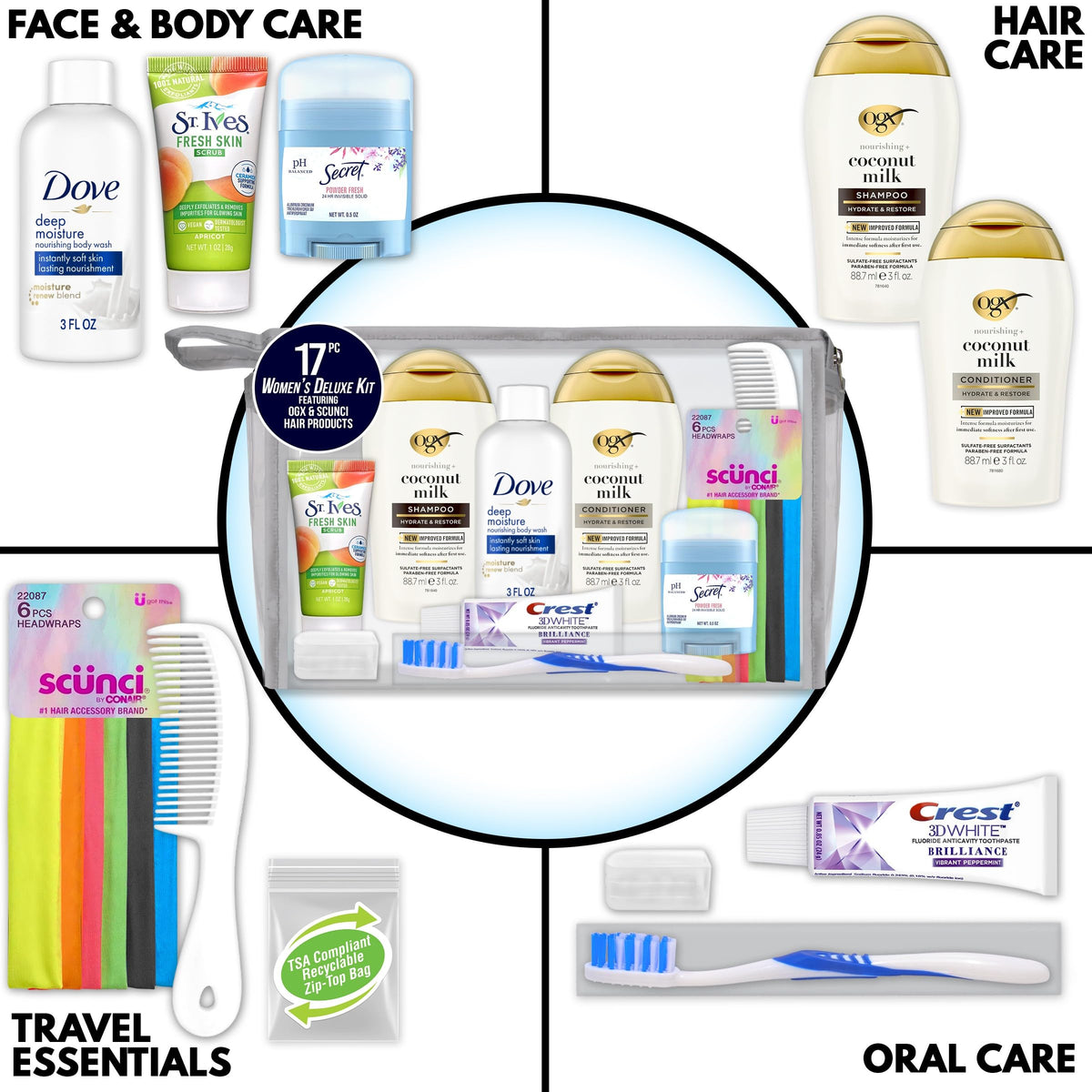 Women's 17 Piece Travel Toiletry Kit (6 Kits)