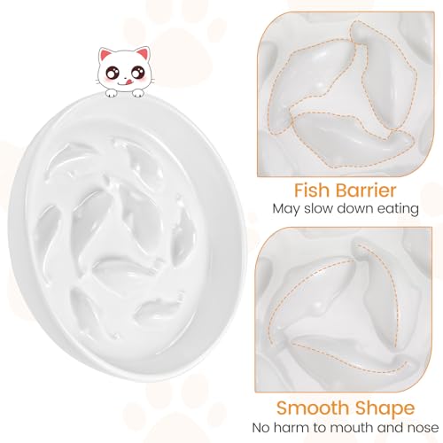 Slow Feeder Cat Bowl Elevated Ceramic with Bamboo Stand (White Fish)