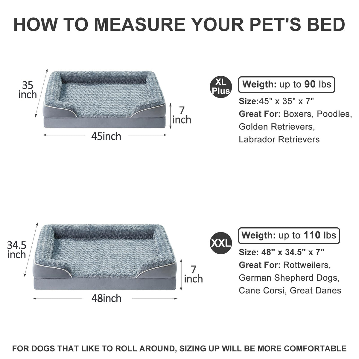 Orthopedic Washable XXL Dog Bed for Senior Dog Cozy Sleep (48.0"l X 36.0"w X 7.0"th / Grey)