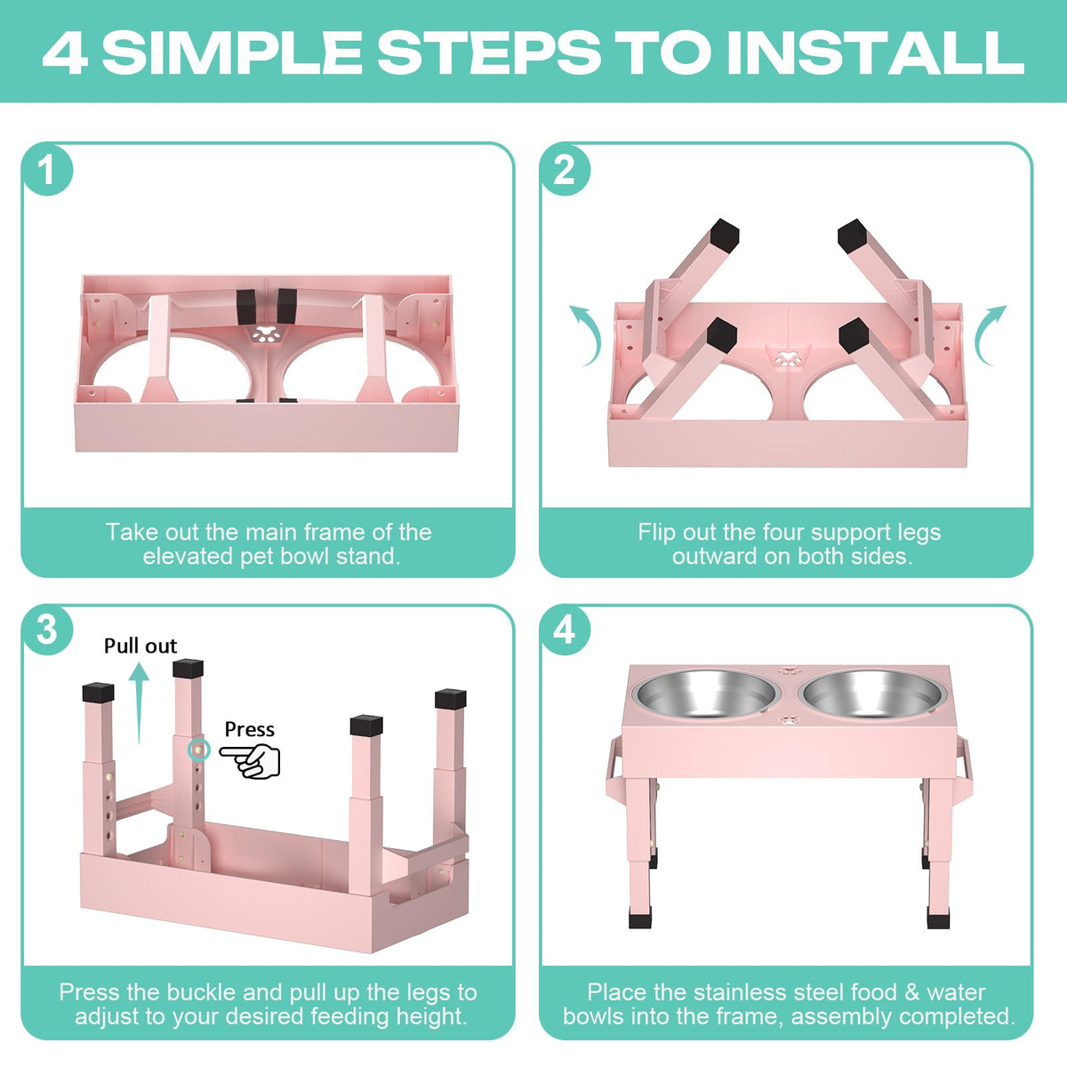 Elevated Dog Bowls Stand Large Breed (Pink)