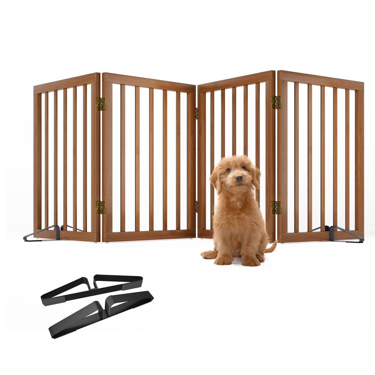 Freestanding Pet Gate Foldable 4 Panel Dog Gate Walnut Dog Gates for Stair Doorways House Indoor (Walnut / 4 Panel - 74 inches Wide)