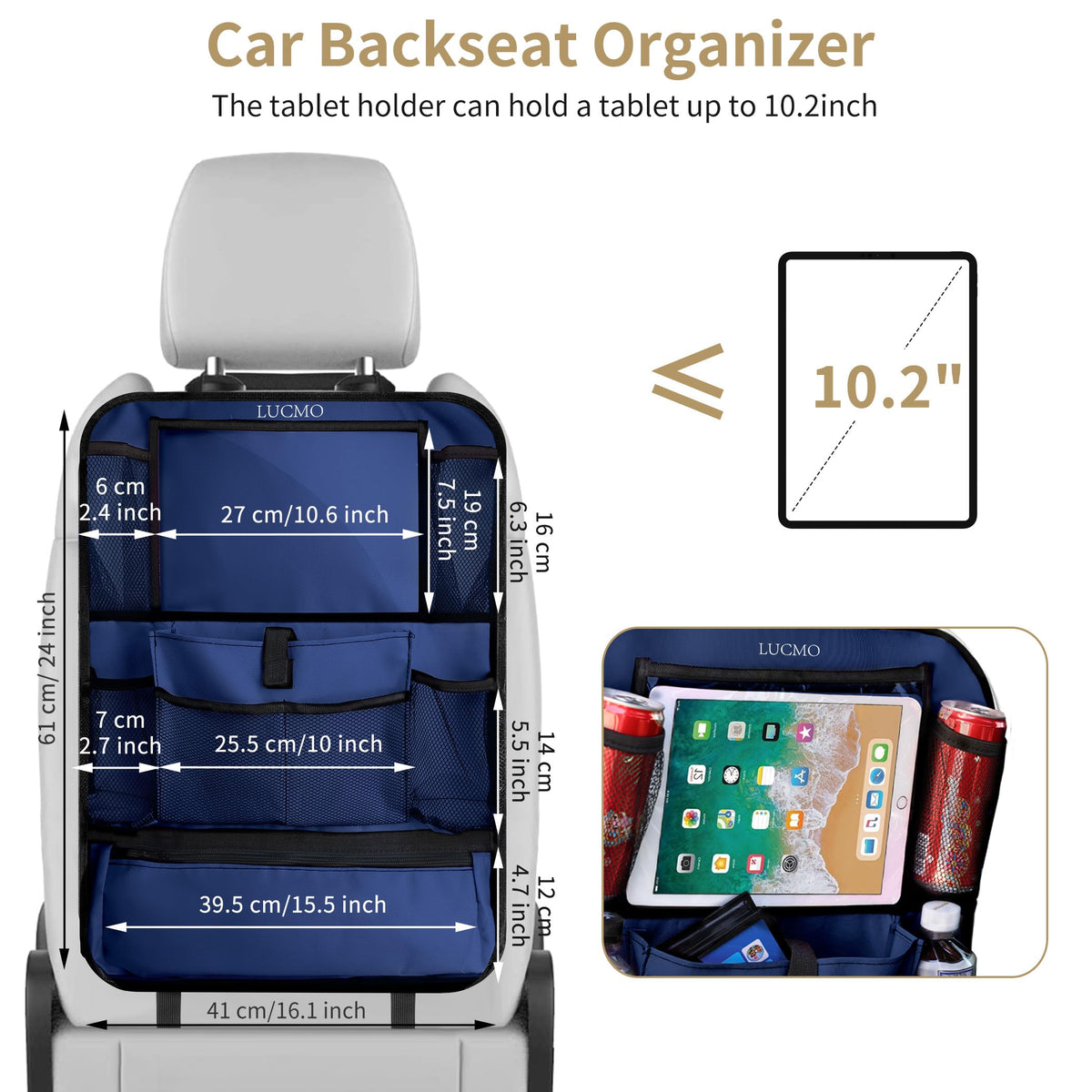 Car Backseat Organizer with Touch Screen Tablet Holder (Dark Blue-1 / 2 Pack)