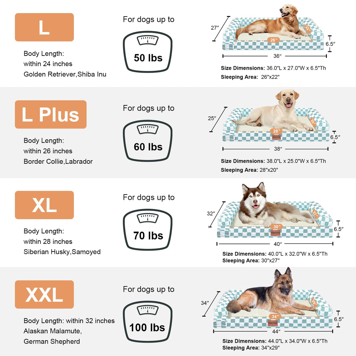 Orthopedic Dog Bed for Large Dogs (Green Grid / 36.0"L x 27.0"W x 6.5"Th)