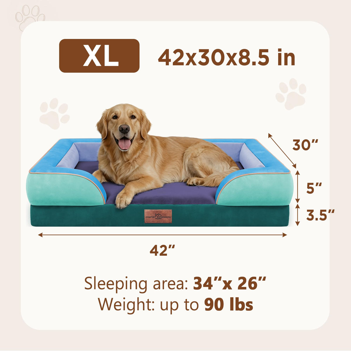 Orthopedic Dog Bed for Extra Large Dogs with Bolster (42.0"L x 30.0"W x 8.5"Th / Violet Tide)