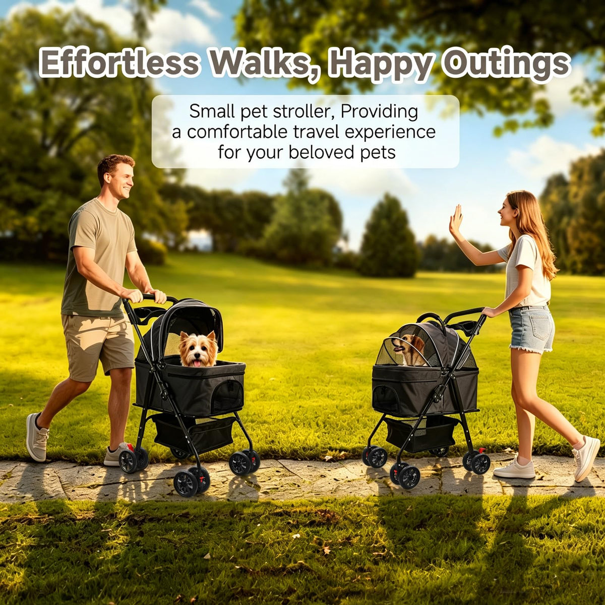 Pet Stroller for Small Dogs and Cats with 4 Wheels (Black)