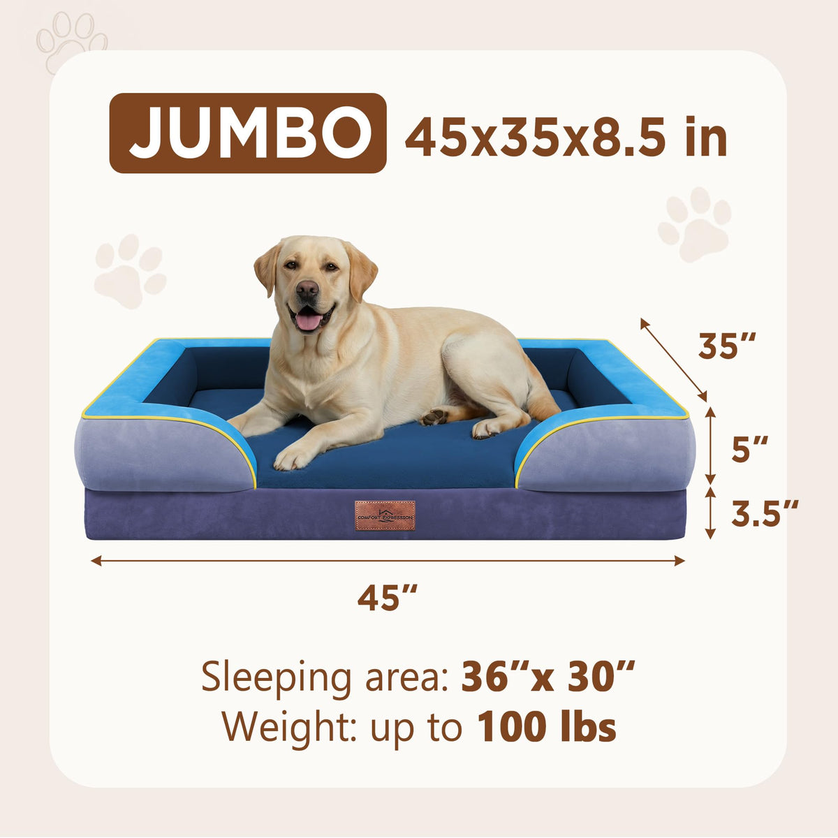 Orthopedic Dog Bed for Extra Large Dogs with Bolster (45.0"L x 35.0"W x 8.5"Th / Hidden Bay)