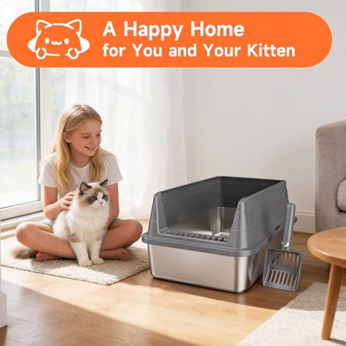 Stainless Steel Cat Litter Box Low Entry Litter Pan Include Scoop (Dark Grey M)