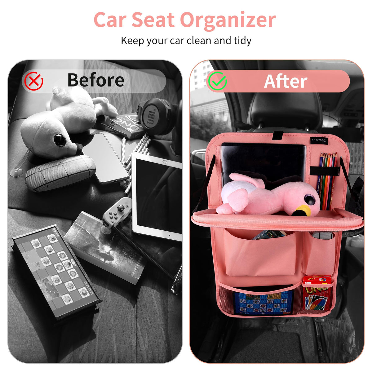 Car Backseat Organizer with Foldable Tablet Holder (Pink-3 / 2 Pack with Food Tray)