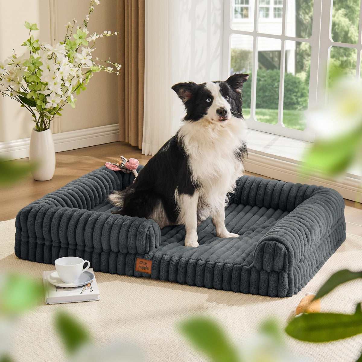 Faux Fur Orthopedic Dog Bolster Bed (Rectangular Dark Grey / XL(41*30*7))
