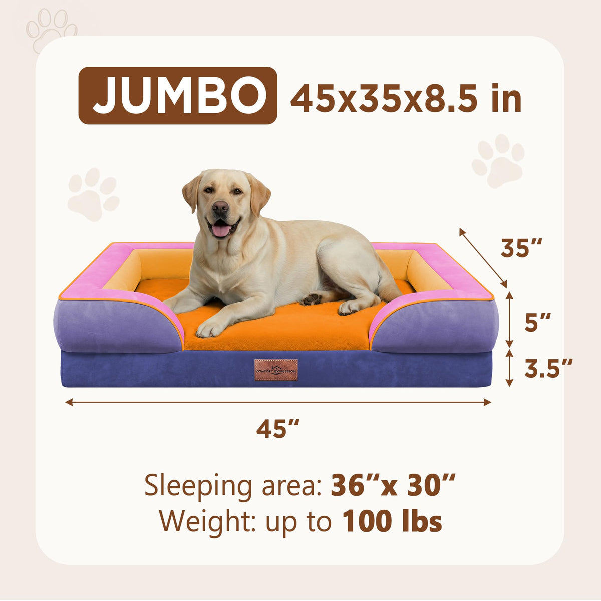 Orthopedic Dog Bed for Extra Large Dogs with Bolster (45.0"L x 35.0"W x 8.5"Th / Orange Breeze)