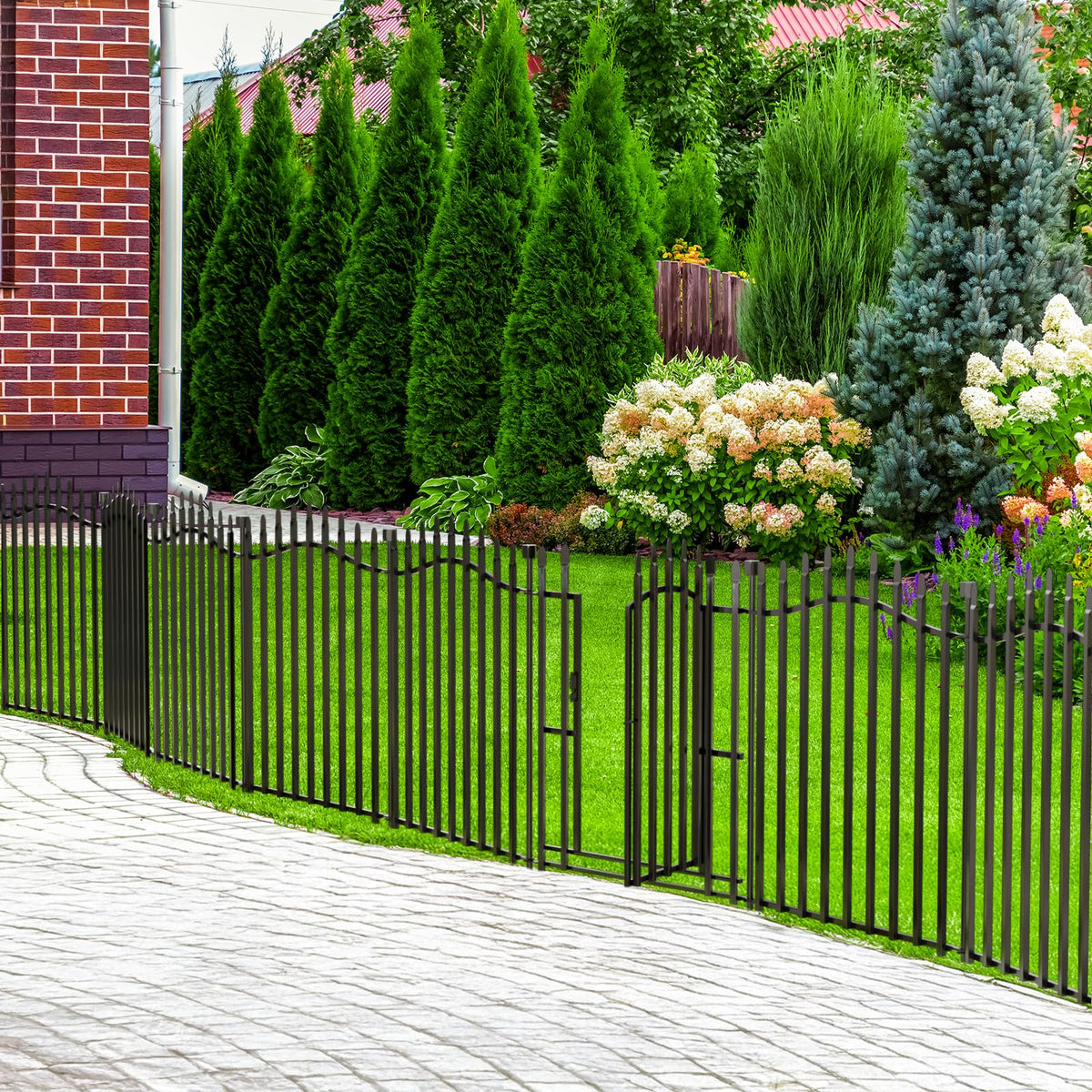 Metal Decorative Garden Fence 32" H x 22.5'L with Gate Yard Dog Panels (32 in(H) X 22.5 ft(L))