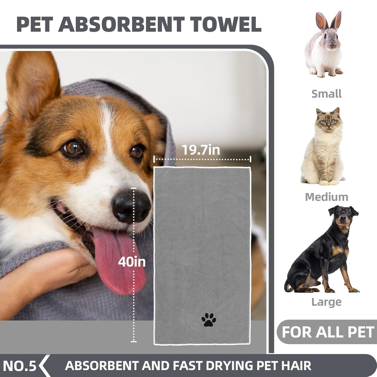6-in-1 Grey Pet Grooming Kit: Hair Brush, Towel, Washing Gloves, Slicker Brush, and Shampoo Scrubber for Dogs and Cats (6-Bath-Grey)