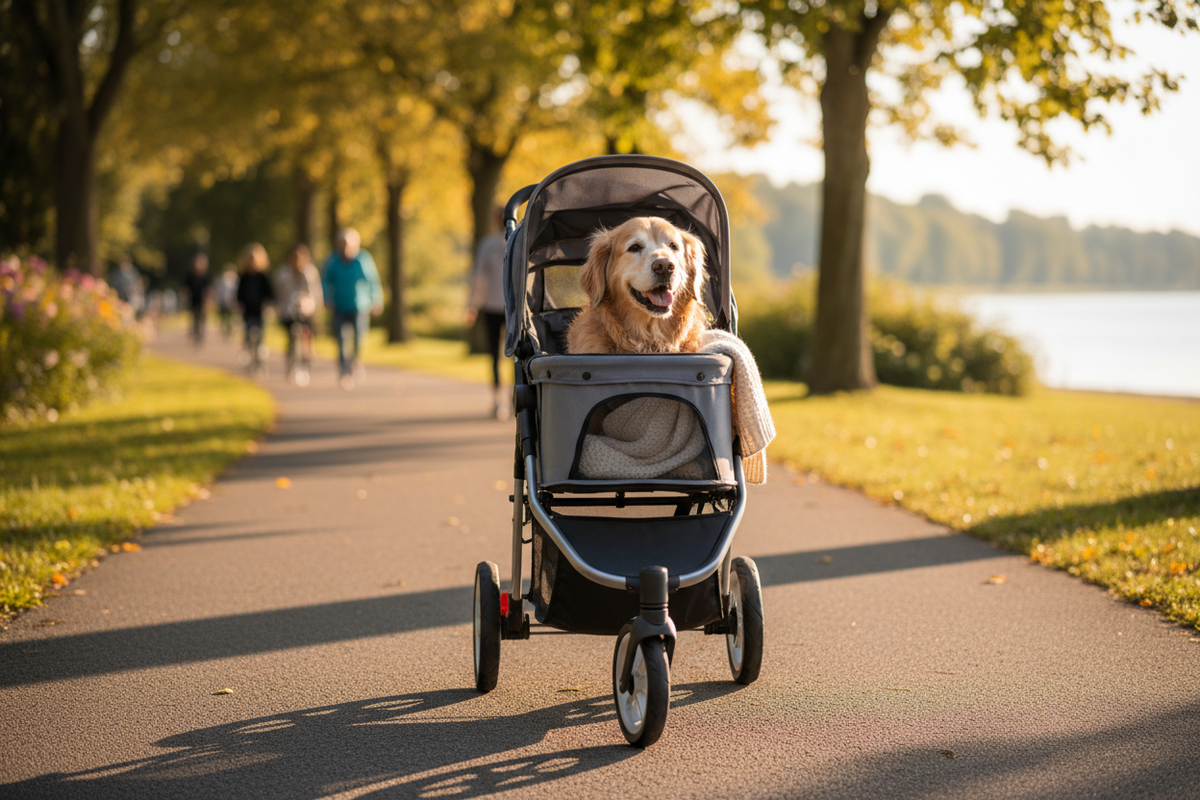 Senior Dog in Pet Stroller