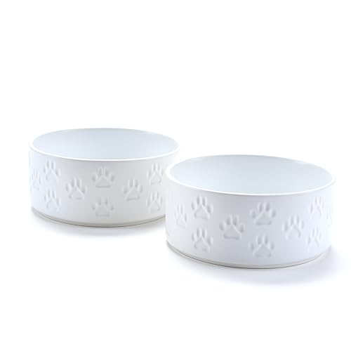 Ceramic Dog and Cat Bowls 2 Pack (6.1 in - 3.6 cups / Paw White - Only Bowls*2)