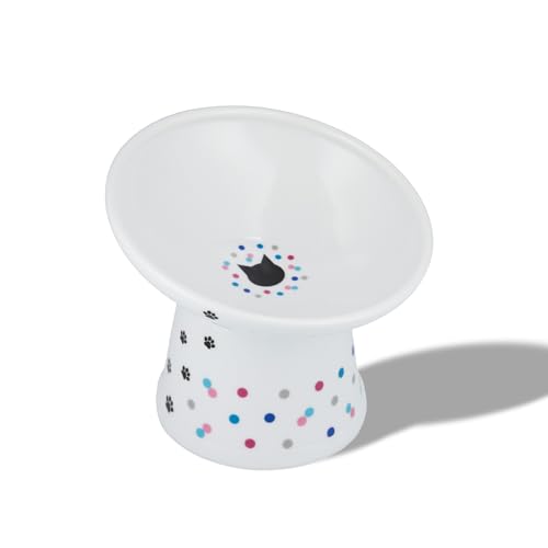 Necoichi Ceramic Elevated Food Bowl (Colorful Dots / Large Extra Wide Tilted)