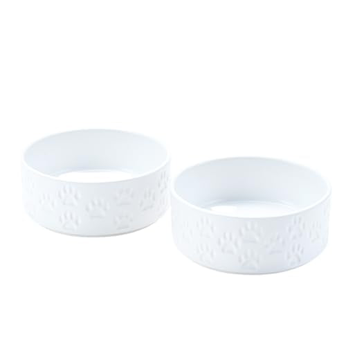 Ceramic Dog Bowls 2 Pack (7.3 in - 5.3 cups / Paw White - Only Bowls*2)