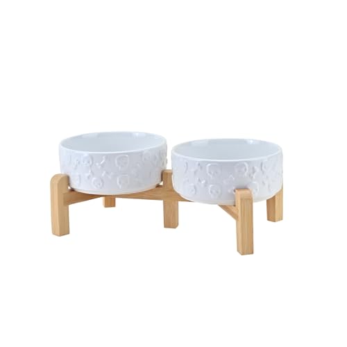 Elevated Dog Bowls Ceramic (5.1 in - 1.7 cups / White - Skull)